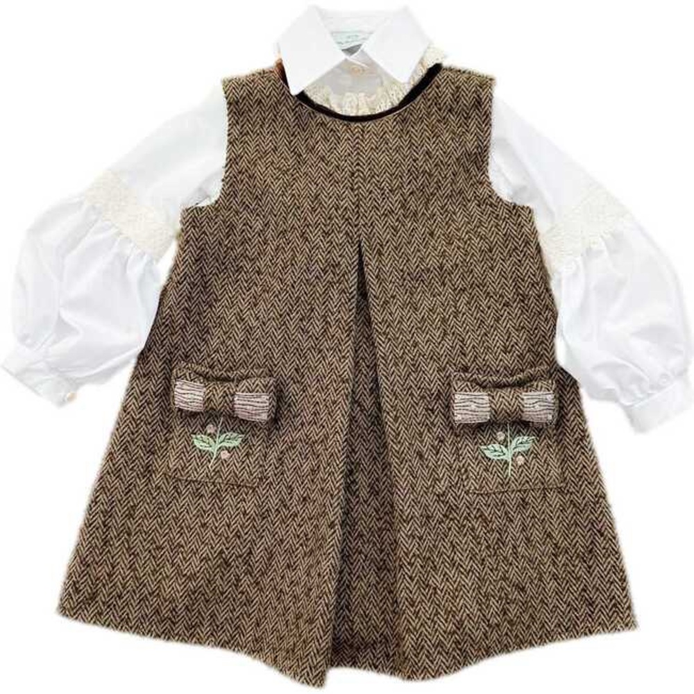 Petit Maison Brown Herringbone Dress with White Shirt and Bow